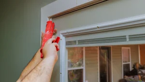 Cracked exterior caulking around a home window trim requiring repair