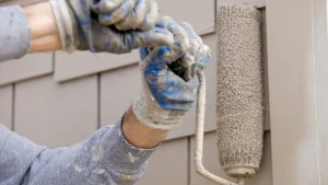 Painter applying smooth siding paint coat