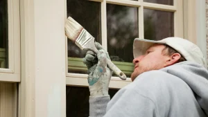Painter cutting in around window trim