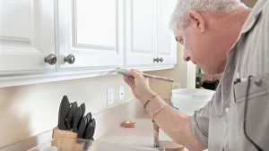 Painter painting kitchen cabinets without removing the doors