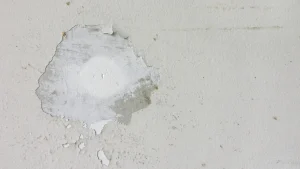 Repaired drywall nail pop before interior wall painting