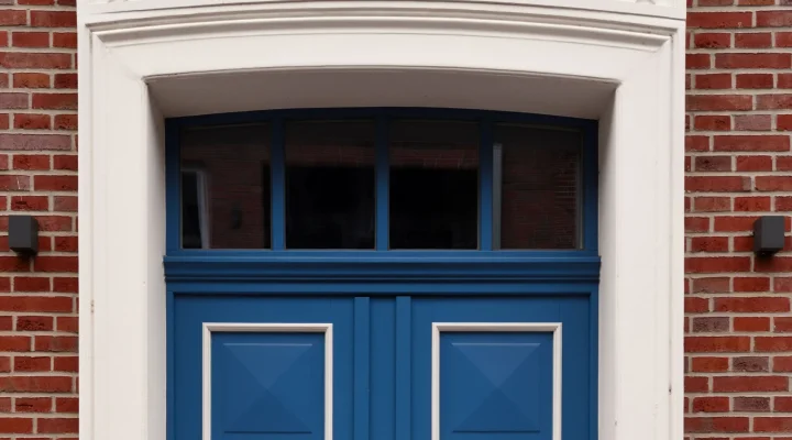 Navy front door with white exterior trim