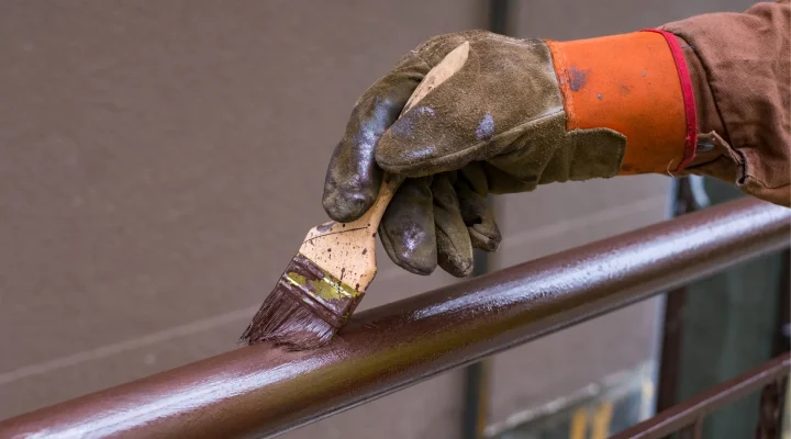 Painter applying rust-resistant paint to metal railing
