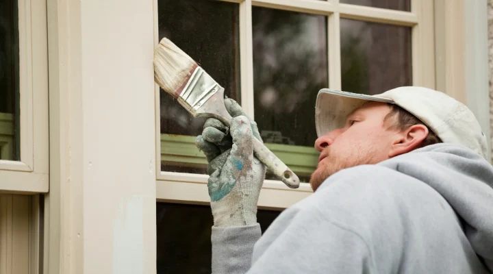 Painter cutting in around window trim